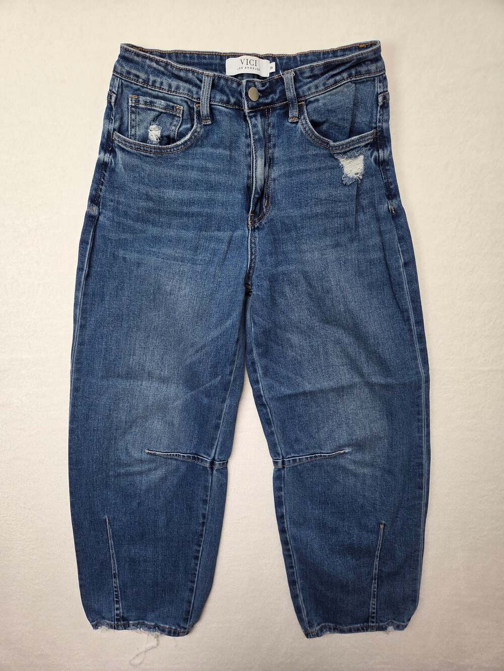 VICI Evangelina Distressed Barrel Jeans Blue Dark Wash Size 26
